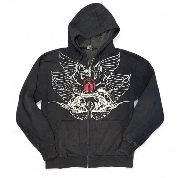 Icon Motosports Hoodie Mens XLBlack Zip Up Graphic Eagle Biker Y2K Grunge Skater - Picture 1 of 10